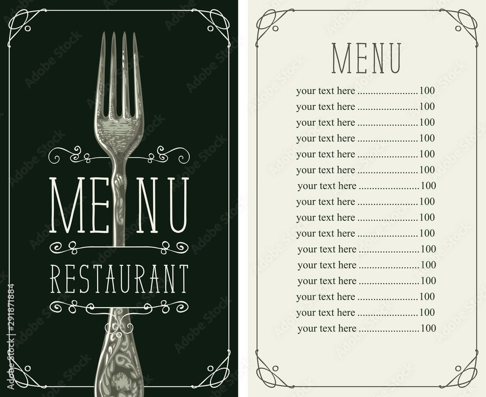 Poster vector template menu for restaurant with price list and realistic fork in figured frame with curls i