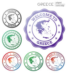 Greece badge. Colorful polygonal country symbol. Multicolored geometric Greece logos set. Vector illustration.