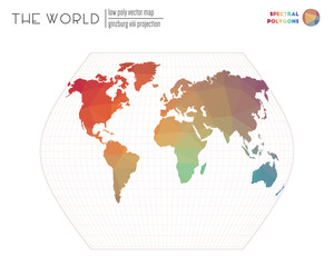 World map in polygonal style. Ginzburg VIII projection of the world. Spectral colored polygons. Stylish vector illustration.