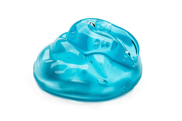 Blue gel container isolated on white background from top view. Transparent gel with bubbles close-up