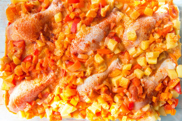 Stewed chicken legs with vegetables and sauce