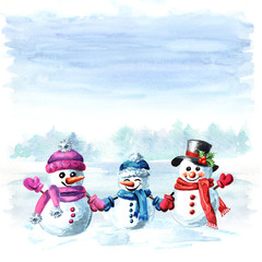 Happy snowmen family in cap, scarf and mittens on the winter background. Watercolor hand drawn illustration isolated on white background