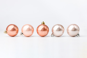 Five colored Christmas balls on white background. Christmas decor and toys. 