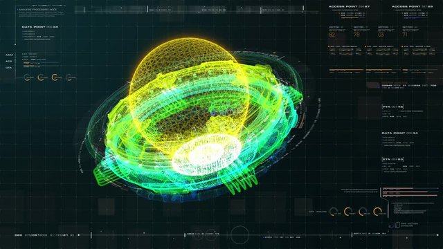 Futuristic user interface head up display Holographic electromagnetic engine with gravitational fields energy particles wave and digital data telemetry information