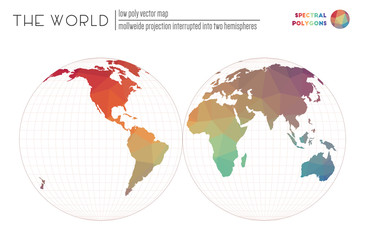 Low poly world map. Mollweide projection interrupted into two hemispheres of the world. Spectral colored polygons. Neat vector illustration.