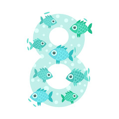 Number 8 and eight fish. Vector illustration on a white background.