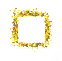 Square frame, border made of green pumpkin seeds, yellow peas and red leaves isolated on white background.