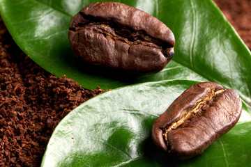 two coffee beans with green leaves on ground coffee background. concept: freshness of coffee beans. close up