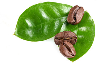 three coffee beans with two green leaves on a white background, isolate. concept: freshness of coffee beans.