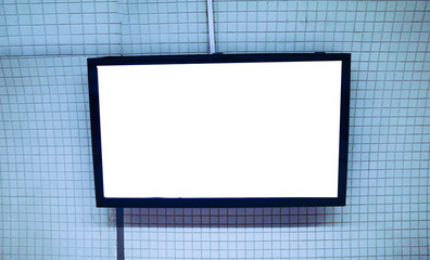 Futuristic neon empty frame on white wall. White screen billboard mock up, screen, modern advertisement design             