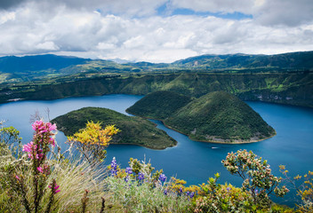 Steep islands covered with forest inside Cuicocha Lagoon near Otavalo, Imbabura Province, Ecuador