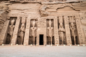 Temple of Nefertari front view with its six colossi guarding it, Abu Simbel, Aswan governorate, Egypt
