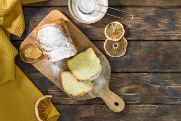 Homemade cottage cheese pie on a wooden table. Traditional dessert. Rustic style
