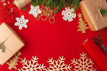 Christmas decorations background on red with copy space