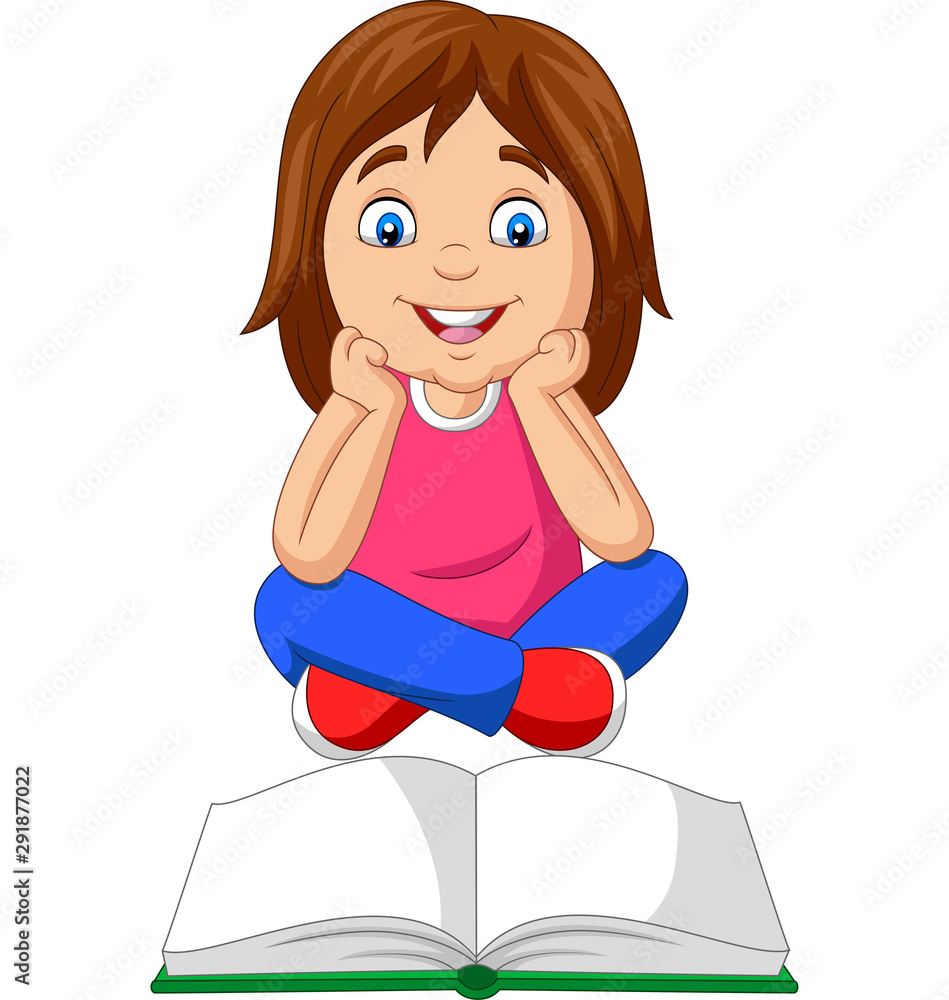 Canvas Prints cartoon little girl reading open book sitting on floor