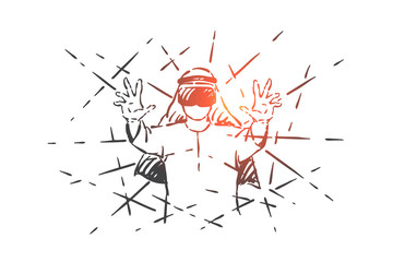 Muslim enjoying VR gaming concept sketch. Hand drawn isolated vector