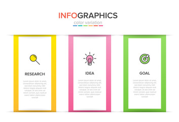 Concept of arrow business model with 3 successive steps. Three colorful rectangular elements. Timeline design for brochure, presentation. Infographic design layout.
