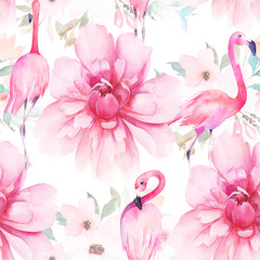Cotton fabric Watercolor seamless pattern. Floral print with flamingos and peonies. Hand drawn illustration