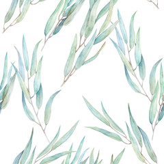 Watercolor seamless pattern. Vintage print with  eucalyptus branches. Hand drawn illustration