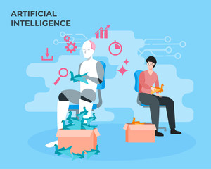 Illustration of robot vs human productivity. Artificial intelligence concept