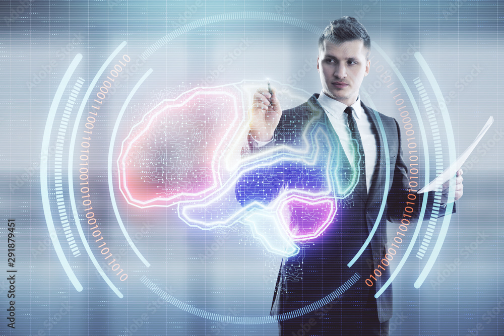 Poster man and brain icon hologram. double exposure. concept of data development