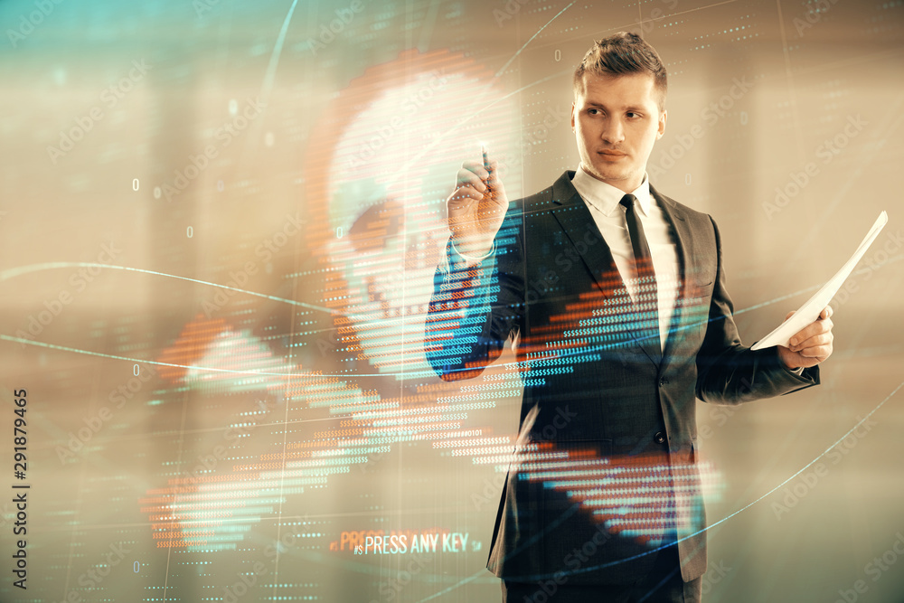 Poster man and hacking icon hologram. double exposure. concept of data safety