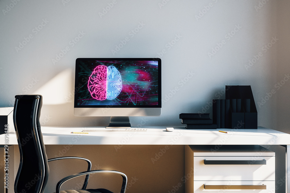 Aufkleber desktop interior with computer, table and chair. data theme brain drawing on screen. 3d rendering.