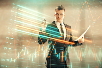 Businessman and forex graph hologram. Double exposure. Concept of financial education and analysis