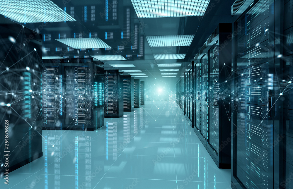Poster connection network in servers data center room storage systems 3d rendering