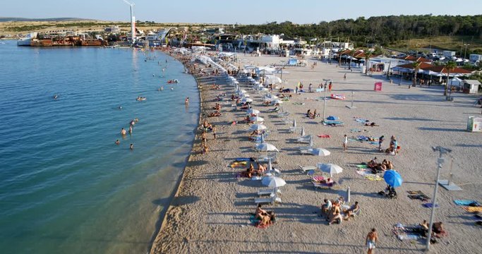 Aerial scene of the Zrce beach on Pag island, Adriatic Sea, Croatia 