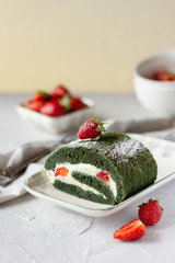 Swiss roll cake with mascarpone cream and strawberry