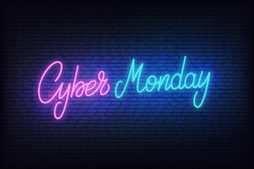 Cyber Monday neon. Glowing lettering sign for online sale discount promotion
