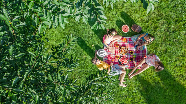 Happy family with children having picnic in park, parents with kids sitting on garden grass and eating healthy meals outdoors, aerial drone view from above, family vacation and weekend concept