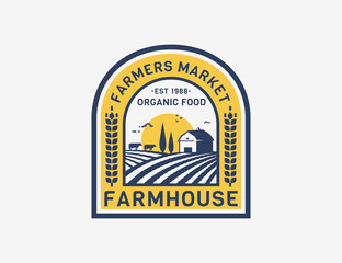 Farm vector emblem with farmhouse, cows and fields.