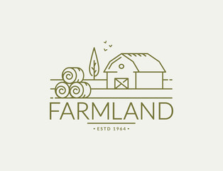 Farm vector logo with farmhouse and hay bales.