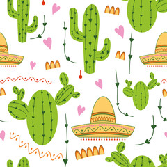 Cute mexican seamless pattern with cactus, sombrero in green, yellow, pink and white colors