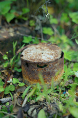 rusted cans in house garden