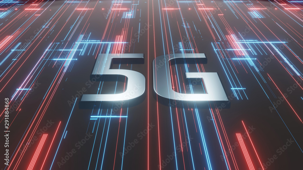 Poster 3d rendering of 5g text in chromium metal high reflection color with abstract fast data transfer in 