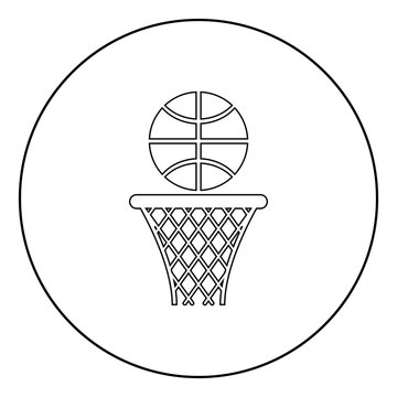 Basketball basket and ball Hoop net and ball icon in circle round outline black color vector illustration flat style image
