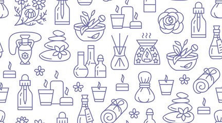 Aromatherapy seamless pattern with vector flat line icons. Essential oil vector background - diffuser, aroma candles, herbal flavors, stone massage, spa lotion. Backdrop for physiotherapy clinic
