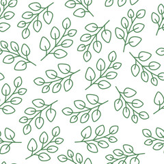 Eucalyptus tree branch seamless pattern with line icons. Medical plant green leaf, greenery elegant background, repeated floral wallpaper