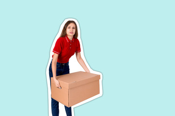 Tired delivery girl is holing a heavy parcel carton box Magazine collage style with trendy color background