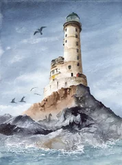Photo sur Plexiglas Salle de bain Photo à l& 39 aquarelle du phare du cap Aniva sur l& 39 île rocheuse avec ciel bleu et mouette