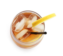 Glass of refreshing iced tea with lemon slices on white background, top view