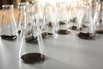 Glassware with soil samples on grey table. Laboratory research