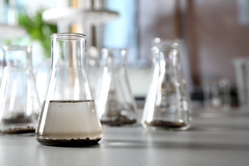 Glassware with soil samples and extract on grey table. Laboratory research