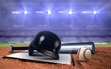Baseball equipment in a stadium under spotlights