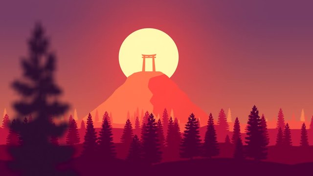 Flat animation of a Japanese forest in autumn. A torii on top of the mountain lit by the sun at sunset. Wallpaper, flat design, animated background. The camera moves forward