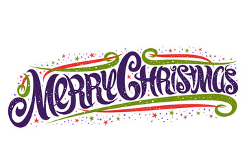 Vector greeting card for Merry Christmas, template with curly calligraphic font with flourishes, swirl design elements, stars and swirly elegant lettering for words merry christmas on white background