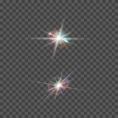 Set of vector lens flare effect. Round isolated transparent optical elements with rays. Space star explosion.